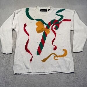 Vintage 90s Womens Ugly Christmas Sweater Candy Cane Pearl Embellishments L